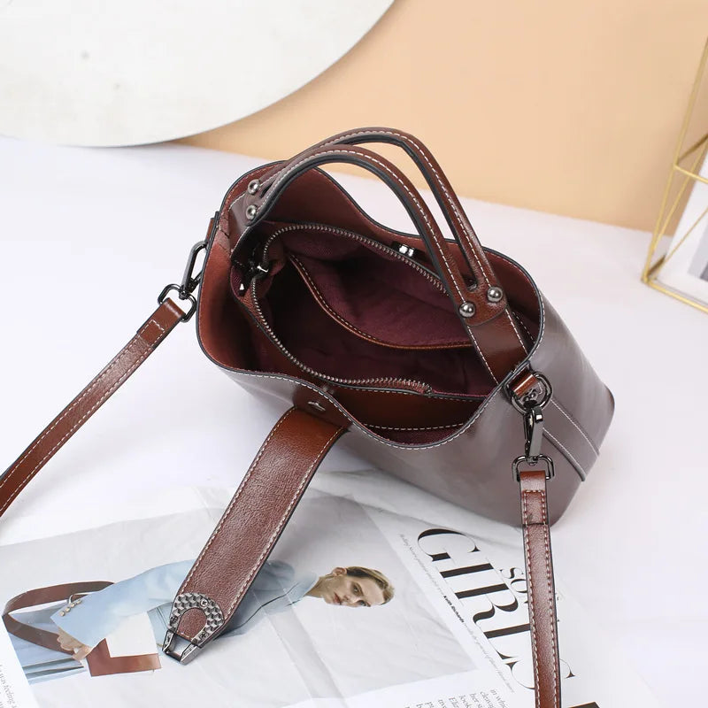 Spacious Cowhide Leather Bucket Bag | OWNLUXE