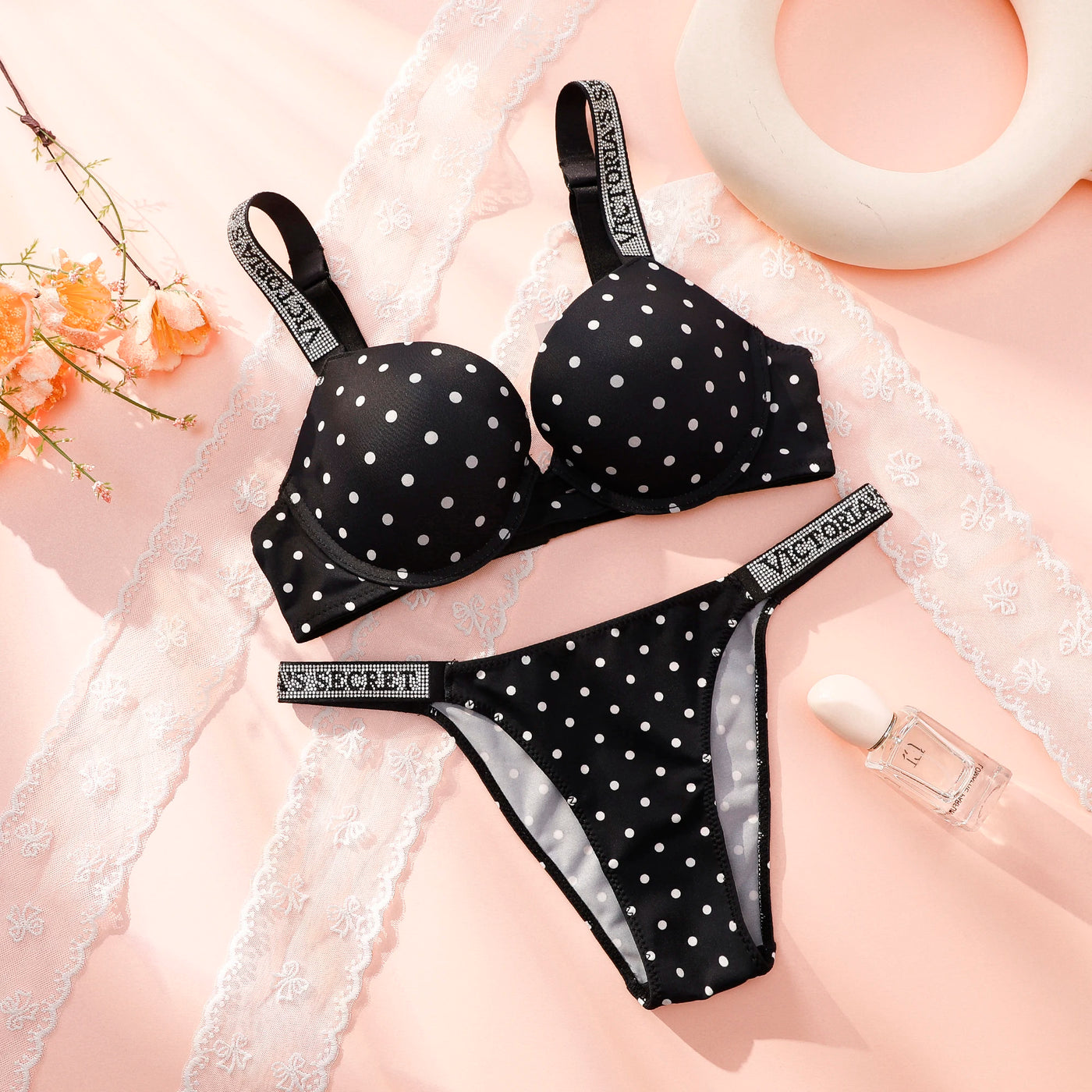 Victoria Secret Sexy Lingerie Sleepwear Plus Size Comfortable Luxury New Women Polka Dot Lace Push Up Bra And Panty Set