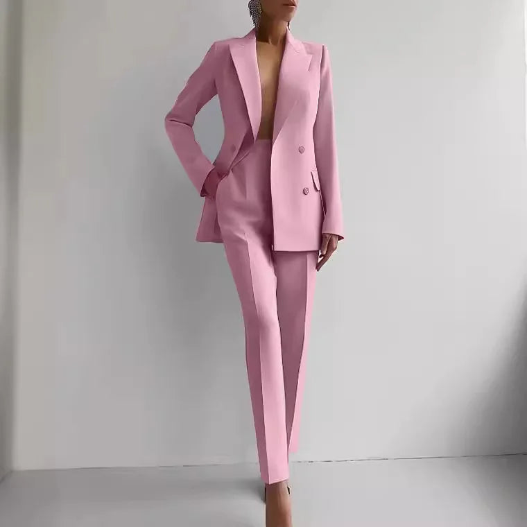 ✨ Women's Slim-Fit 2-Piece Casual Set – Double-Breasted Blazer & Pencil Pants | Ensemble 2 pièces ajusté pour femme – Blazer croisé et pantalon crayon
