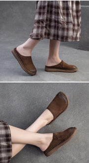 Genuine Leather Flat Slippers – Handmade Retro Women’s Mules