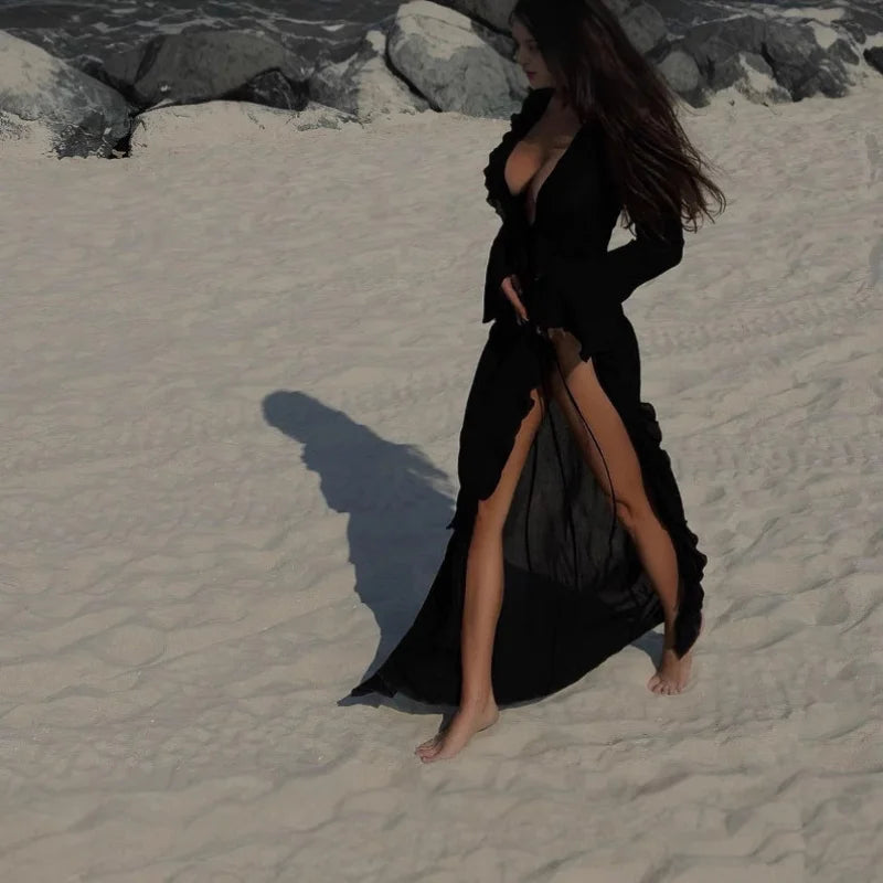 Maxi V-Neck Ruffle Flared Swim Cover-Up | OWNLUXE
