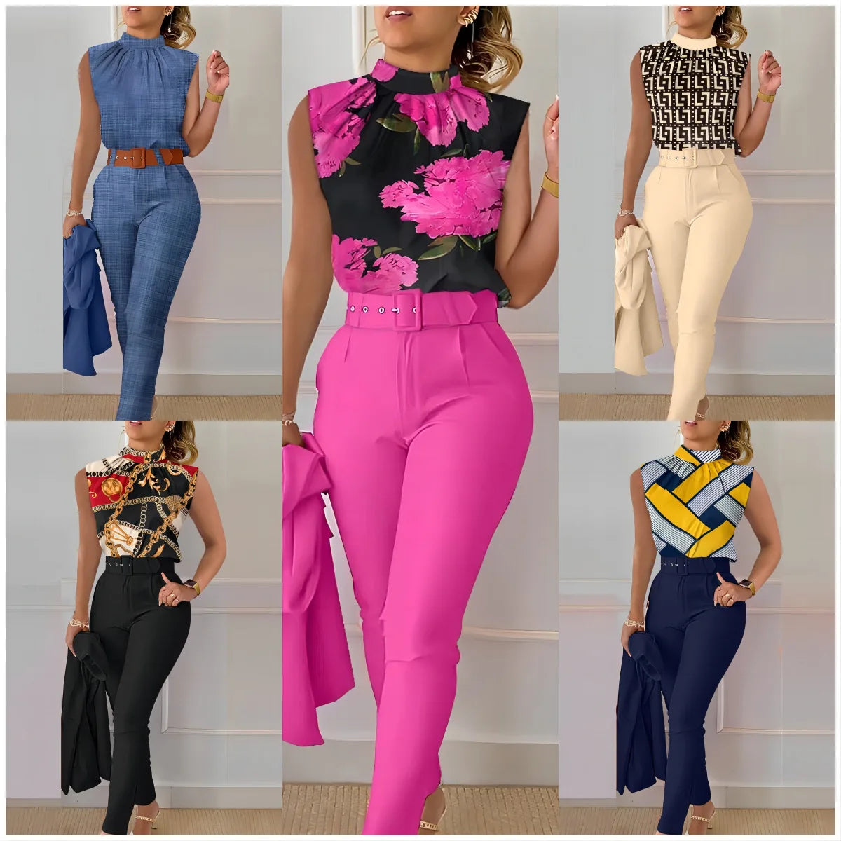 Office Elegant Sleeveless Print Shirt Pant Set O-Neck Slim Two Piece | OWNLUXE