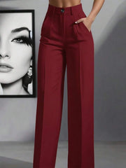Women's High Waist Work Trousers - Casual Loose Fit Pants with Pockets