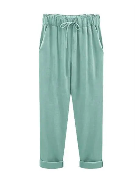 Cotton Linen Pants - Elastic Waist Ankle Length Casual Trousers