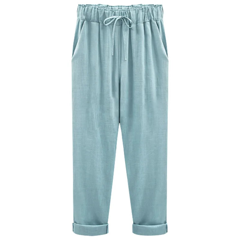 Cotton Linen Pants - Elastic Waist Ankle Length Casual Trousers