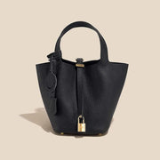 Genuine Cowhide Leather Bucket Bag - Fashion Lock Handbag with Phone Pocket | OWNLUXE
