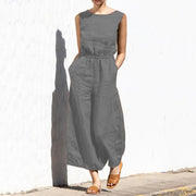 High Waist Cotton Linen Jumpsuit – Wide Leg Ankle-Length