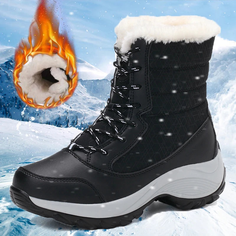 Winter Plush Mid‑Calf Boots – Warm Wedge Lace‑Up