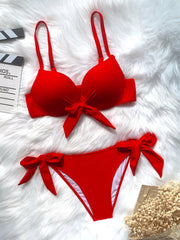 Sexy Front Bow Knot Push Up Bikinis Two Pieces Solid Swimsuit Tie Bikini Swimsuit Swimwear Biquini Conjunto De Bikini Tankini