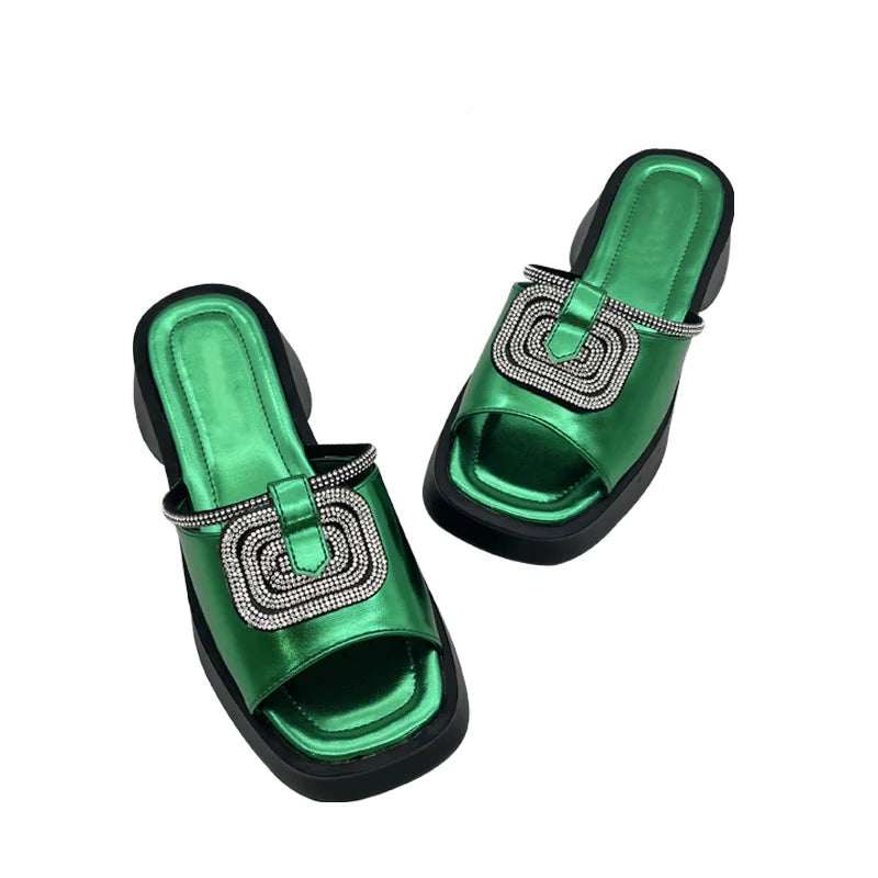 Women’s Mid Heel Slide Sandals – Cushioned Mixed-Color