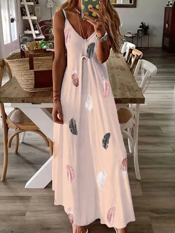 Ankle-Length V-Neck Printed A-Line Dress – Effortless Chic