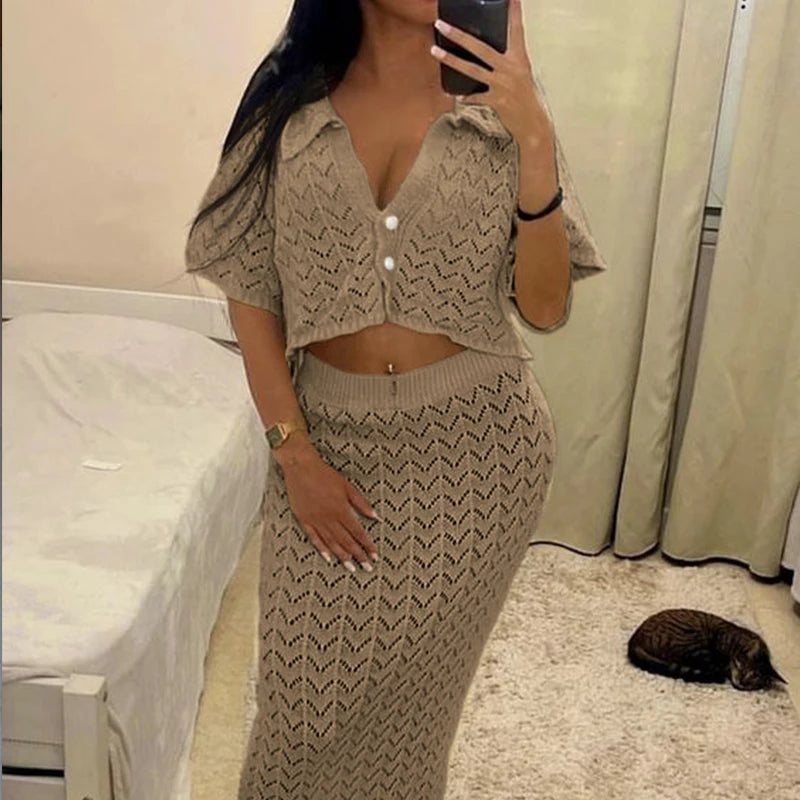 Women's New Style 2Pcs Beachwear Cover Ups Solid Color Knitted Outfits Set Vacation Beach Hollow Out Sunscreen Top Skirt Suit