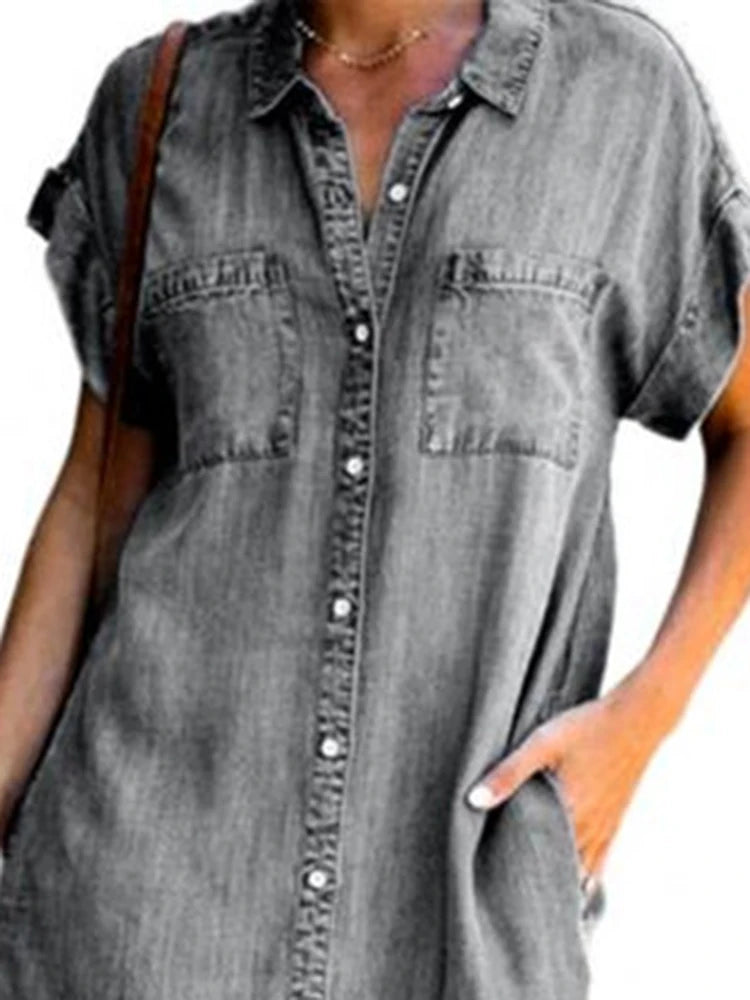 Denim Short-Sleeve Dress | OWNLUXE