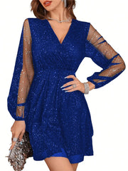 Sexy Mesh Patchwork Party Mini Dress Deep V-Neck Long Sleeve Bodycon | OWNLUXE