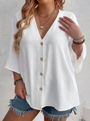 V-Neck Button-Front Loose Blouse – Casual Comfort