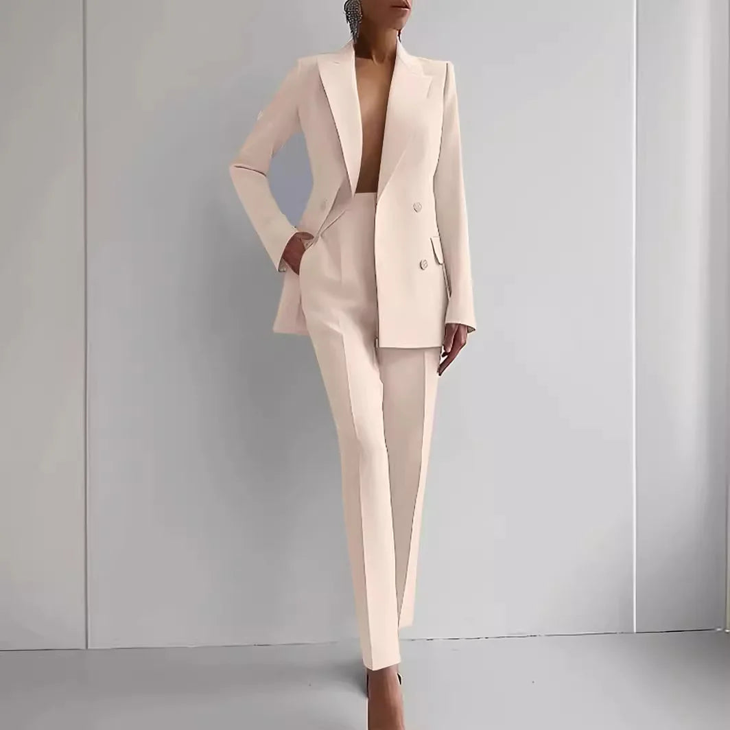 ✨ Women's Slim-Fit 2-Piece Casual Set – Double-Breasted Blazer & Pencil Pants | Ensemble 2 pièces ajusté pour femme – Blazer croisé et pantalon crayon