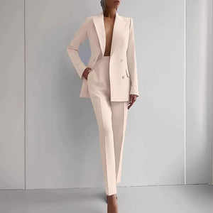✨ Women's Slim-Fit 2-Piece Casual Set – Double-Breasted Blazer & Pencil Pants | Ensemble 2 pièces ajusté pour femme – Blazer croisé et pantalon crayon