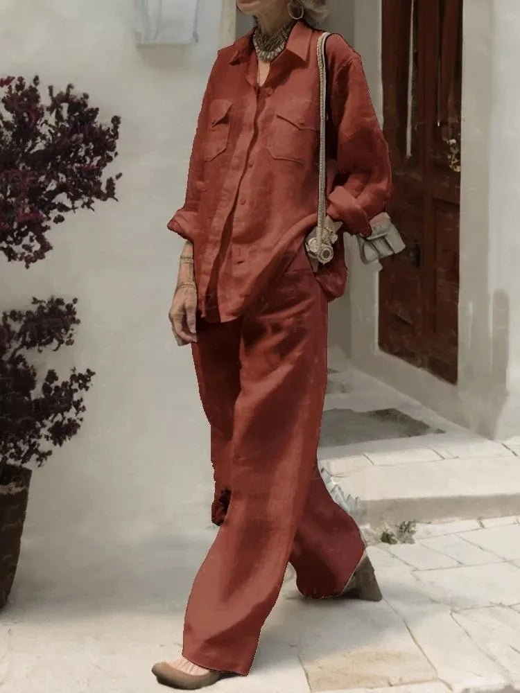 Women’s Wide-Leg Two-Piece Set with Turn-Down Collar Shirt