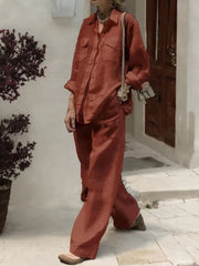 Women’s Wide-Leg Two-Piece Set with Turn-Down Collar Shirt