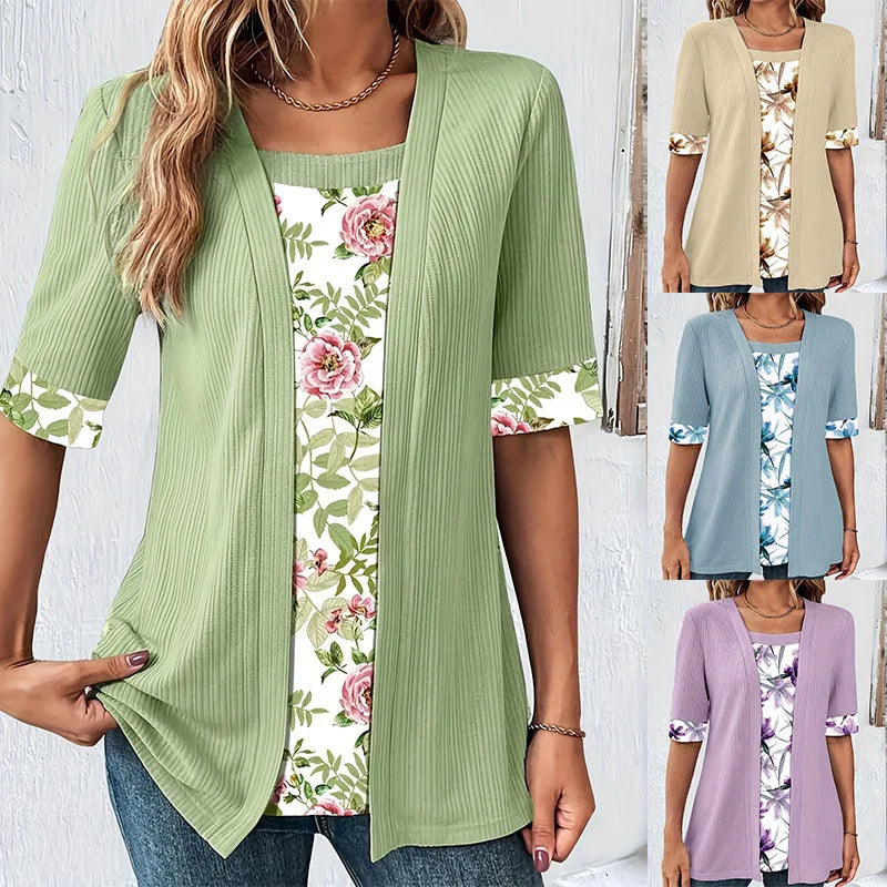 Floral Knit Square Neck Top with Half Sleeves