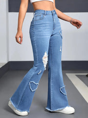 Denim Flared Jeans - High Waist Distressed Boot Cut Pants
