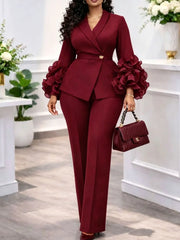 Ruffle-Cuff Blazer & High-Waist Pant Set | OWNLUXE