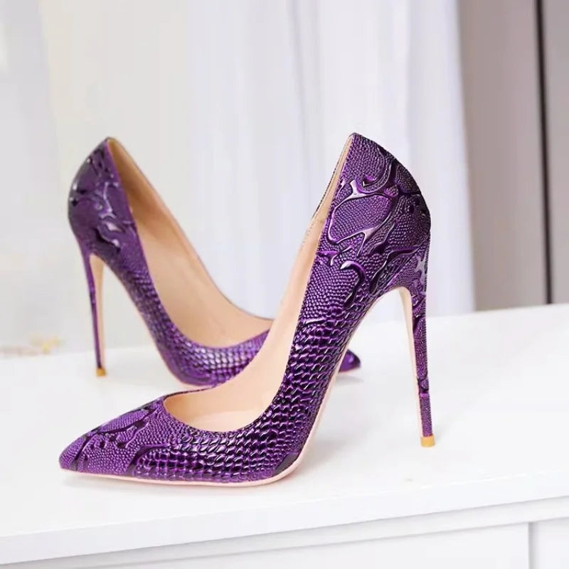 Purple Crocodile Embossed Stiletto Pumps – Pointed Toe Heels