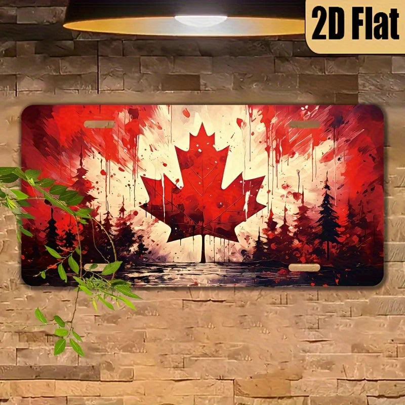 2D Flat - Vintage Canadian Maple Leaf Aluminum Wall Plaque - Patriotic Red & Leaf Design with Green Pine Trees
