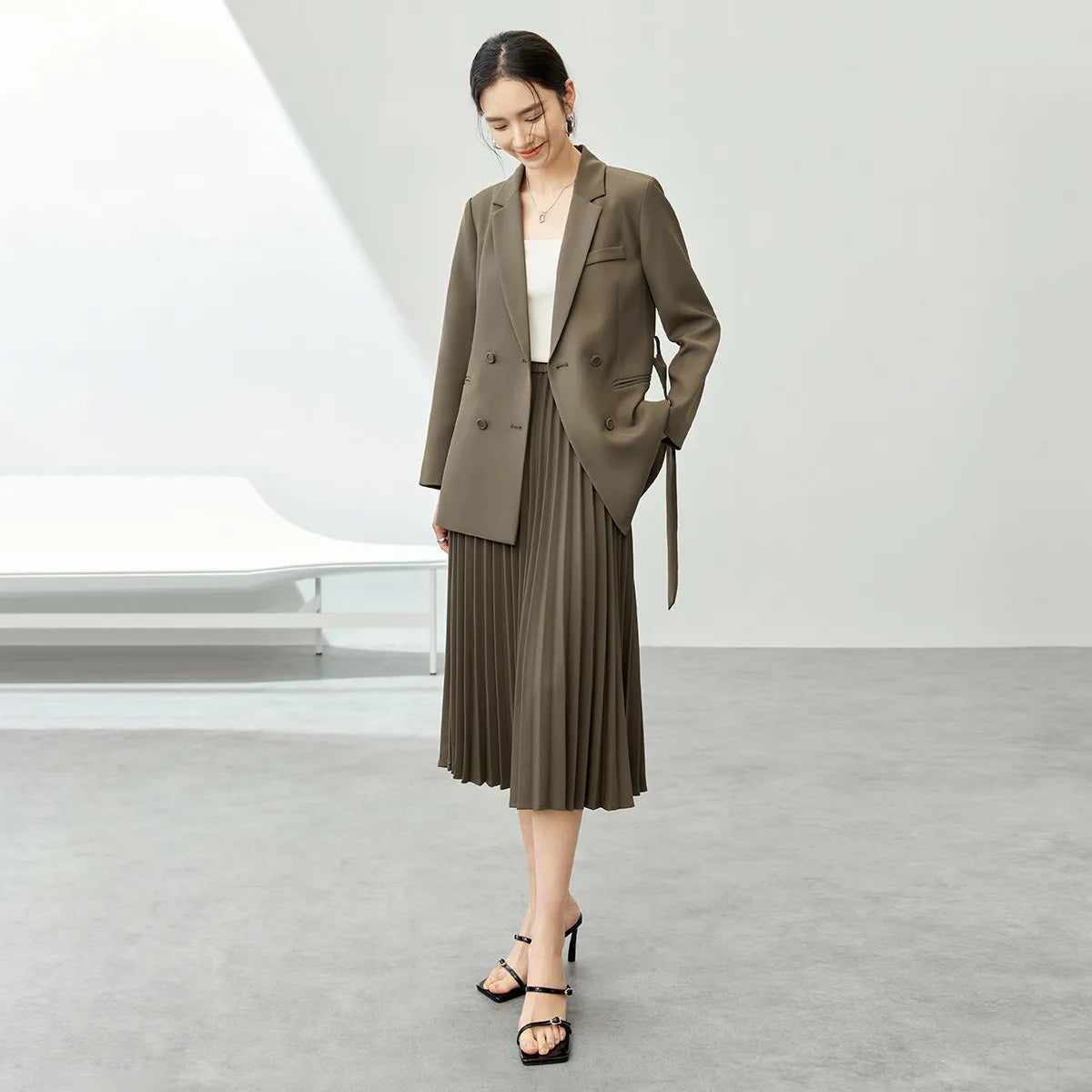Belted Blazer & Pleated Midi Skirt Set | OWNLUXE