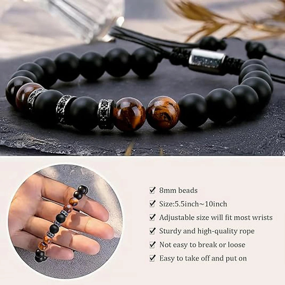 Tiger Eye & Onyx Men's Bracelet – Natural Stone & Steel Charm