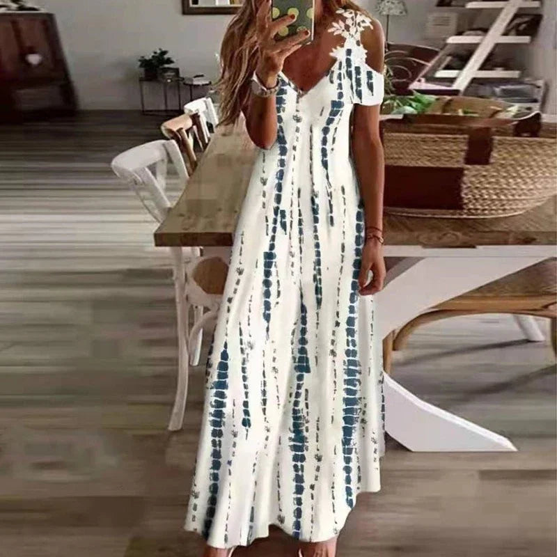 Floor-Length Printed V-Neck Camisole Dress – Elegant