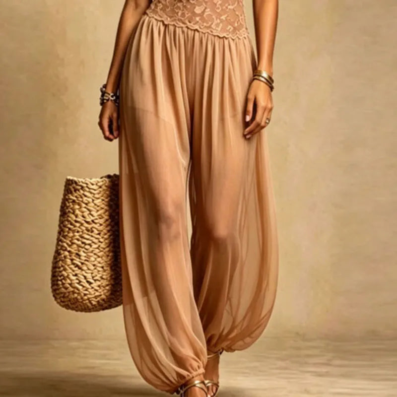 Lace Halter V-Neck Sheer Jumpsuit | OWNLUXE