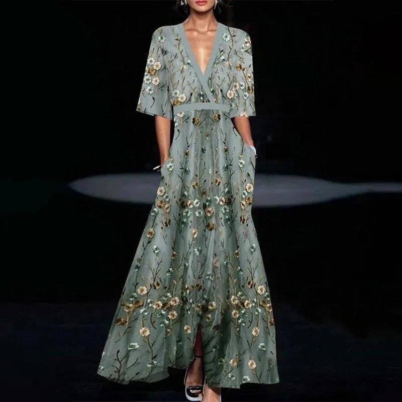 V-Neck Short Sleeve A-Line Maxi Dress – Casual Flowy Print Dress