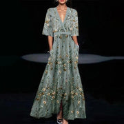 V-Neck Short Sleeve A-Line Maxi Dress – Casual Flowy Print Dress