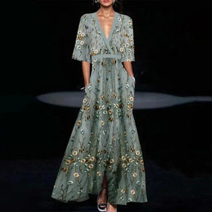 V-Neck Short Sleeve A-Line Maxi Dress – Casual Spring/Summer Wear