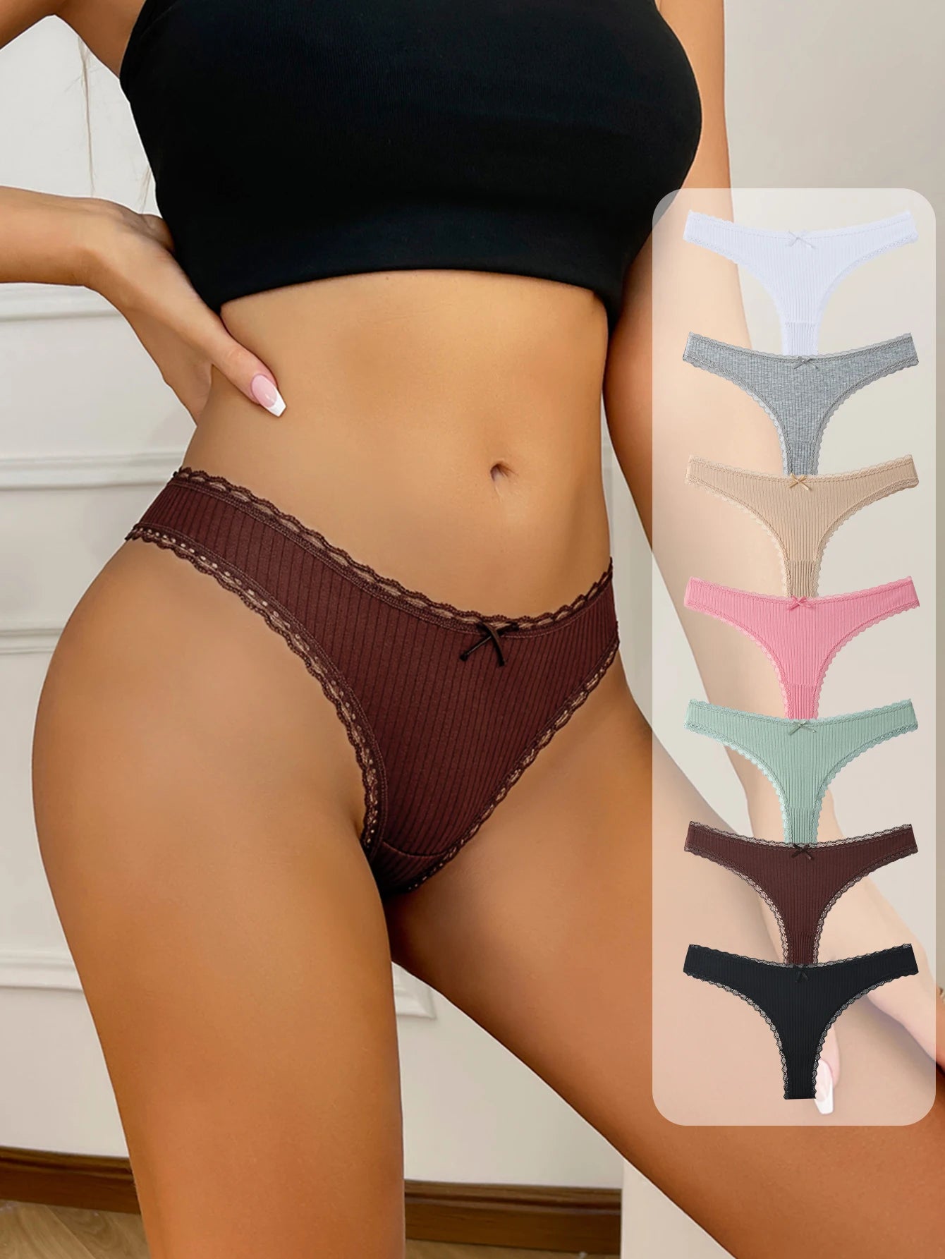 7-Piece Cotton Lace G-String Set | OWNLUXE