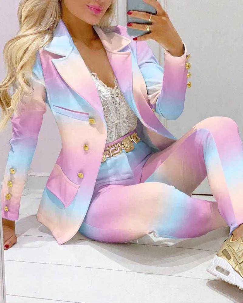 Spring Autumn Fashion Blazers Pant Sets Long Sleeve Print Coat Two Piece | OWNLUXE
