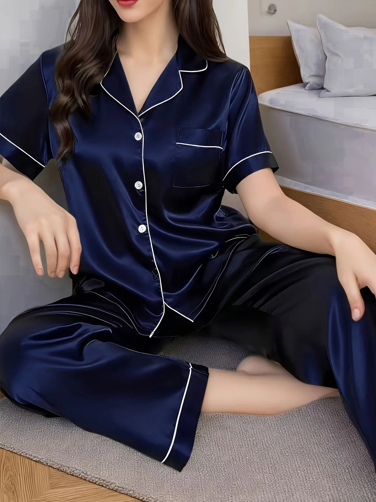Two-Piece Satin Pajama Set (Blue) – Shop at OWNLUXE
