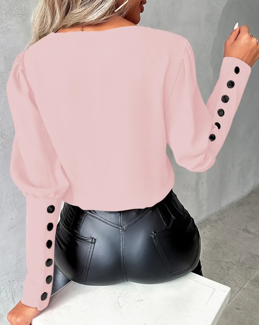 Lace Detail Office Blouse – Women's V-Neck Pullover Top