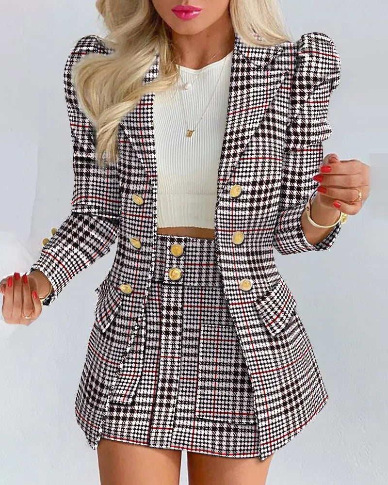 Women's Elegant Plaid Print Blazers Skirt Two Piece Set Notched Long Sleeve | OWNLUXE