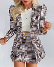 Women's Elegant Plaid Print Blazers Skirt Two Piece Set Notched Long Sleeve | OWNLUXE