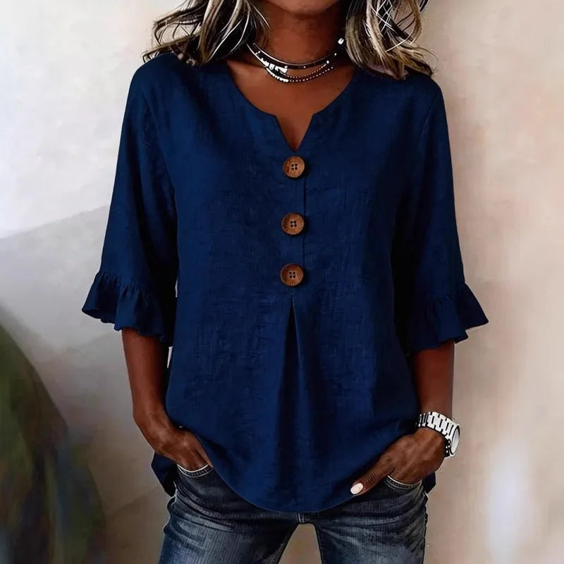 Button Perfect V-Neck Linen Lightweight Blouse | OWNLUXE