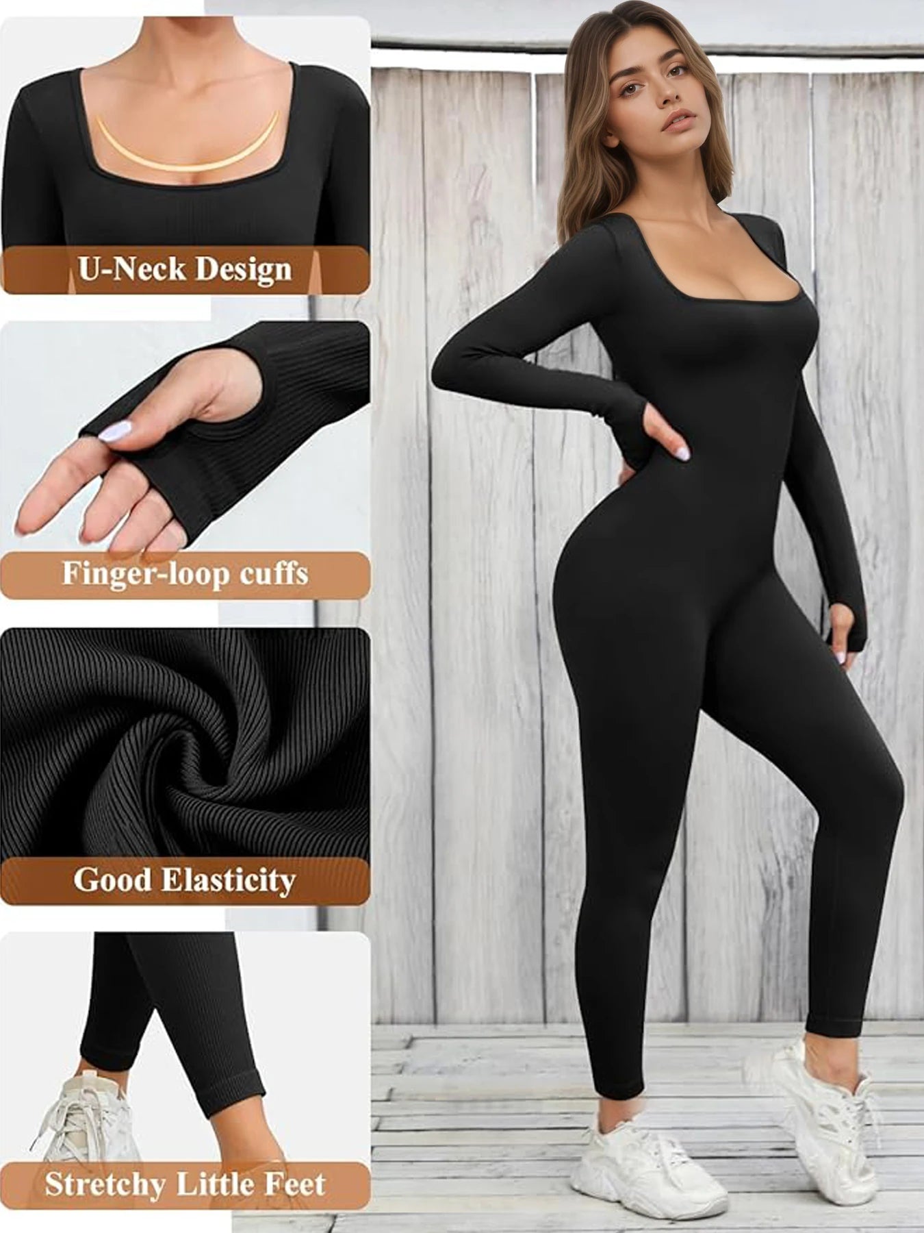 Long-Sleeve Yoga Ribbed Bodycon Jumpsuit | OWNLUXE