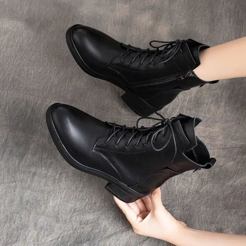 European and American Retro Short Boots Women's 2023 New Versatile Soft Leather Mid Heel Plush Women's Boots Zapatillas De Mujer