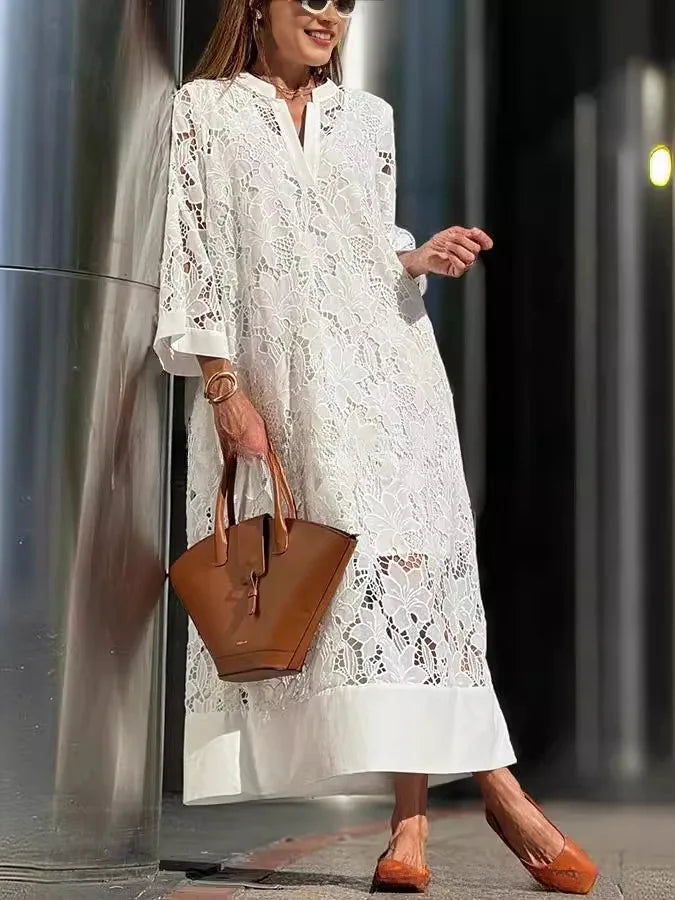 Elegant White Lace Maxi Dress — V-Neck A-Line Party Dress | OWNLUXE