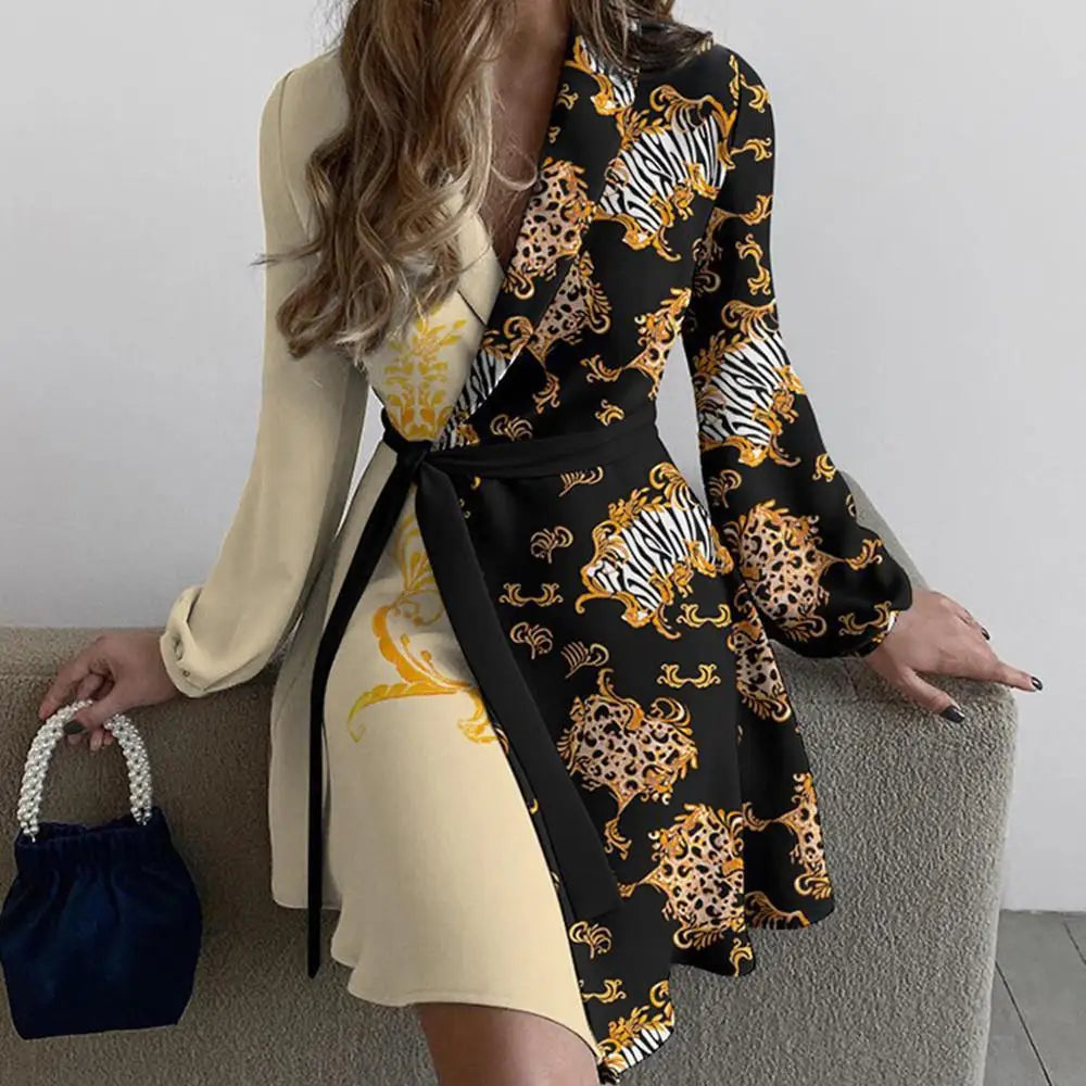 Print A-Line Dress with Lace-Up Detail - V-Neck Long Sleeve | OWNLUXE