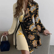 Print A-Line Dress with Lace-Up Detail - V-Neck Long Sleeve | OWNLUXE