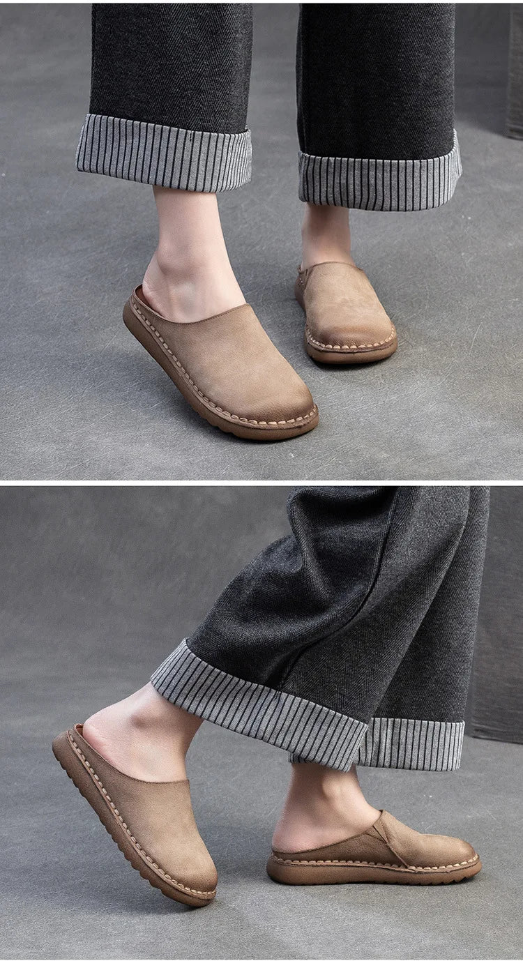 Genuine Leather Flat Slippers – Handmade Retro Women’s Mules