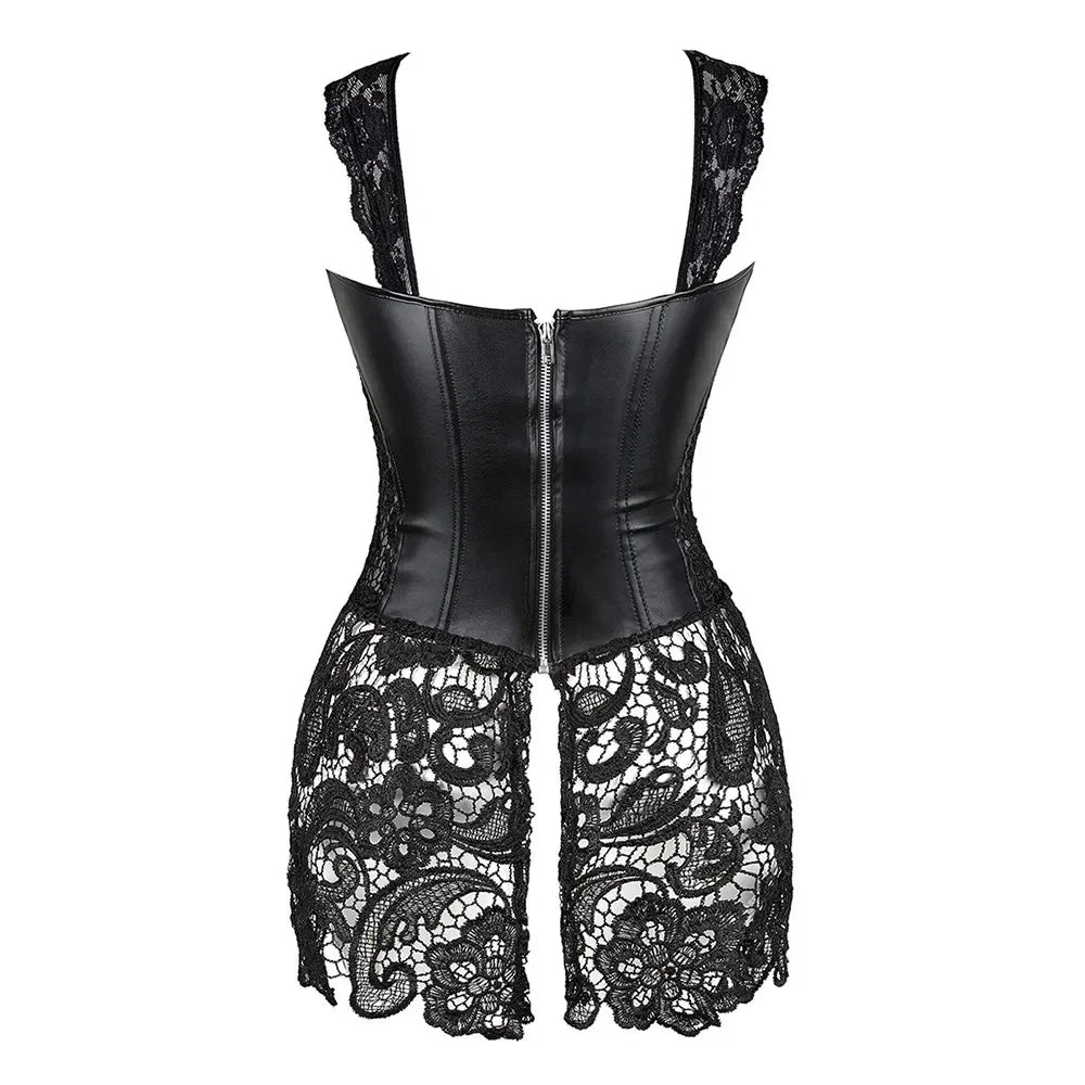 Steampunk Corset Dress - Gothic Faux Leather Bustier with Lace Skirt | OWNLUXE