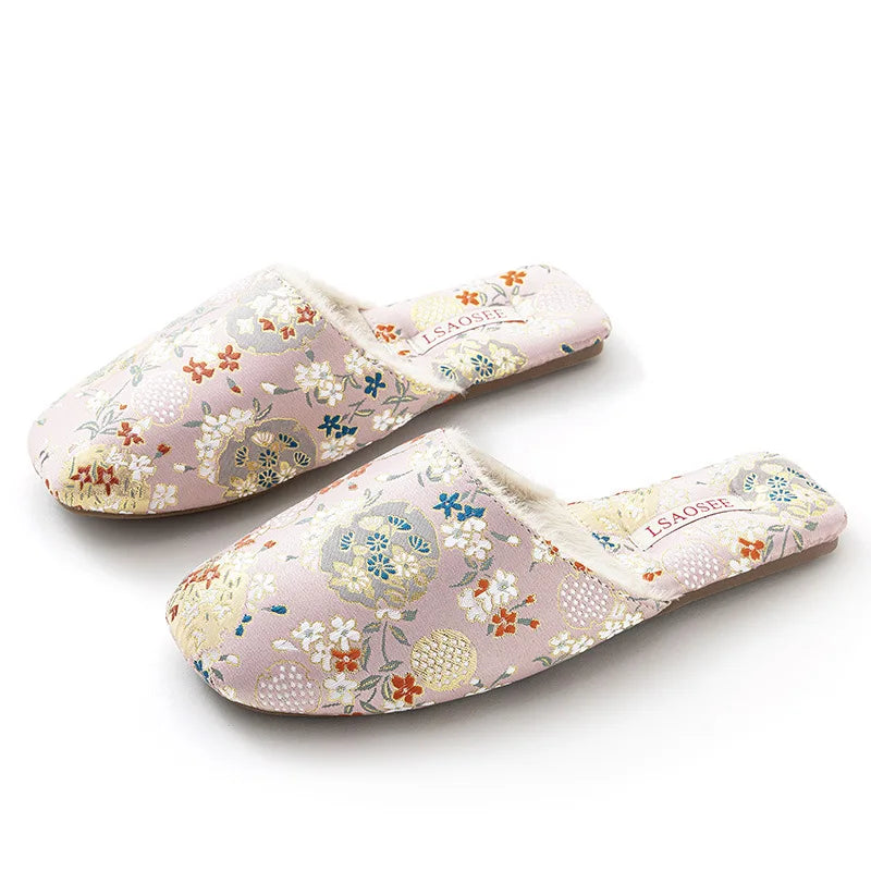 Plush Embroidered House Slippers with Rubber Sole